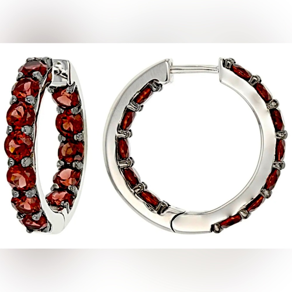 925 Silver Platinum Rhodium Plated Natural Red Garnet Hoop Earrings 6.57 CTW